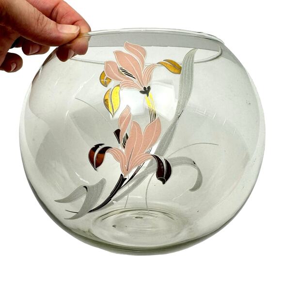 Vintage Clear Glass Fishbowl Decorative Vase with Asian Lotus Flower Design - Picture 2 of 7